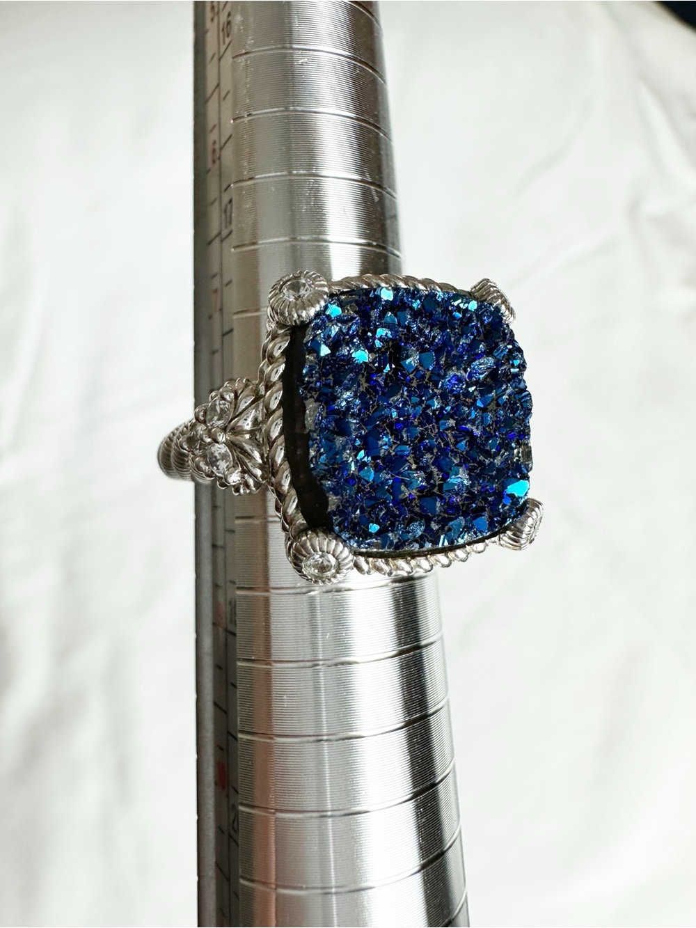 Judith Ripka 925 Sterling Silver Blue Quartz Druzy Cocktail Ring Sz 8 Statement